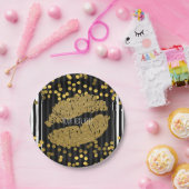 Zwart-wit - verticale strepen Gold Lips Kiss Papieren Bordje (Feest)