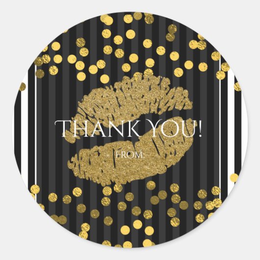 Zwart-wit - verticale strepen Gold Lips Kiss Ronde Sticker (Voorkant)