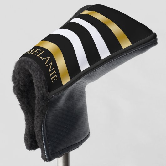 Zwart-wit verticale strepen gouden accenten golfheadcover (3/4 voorkant)