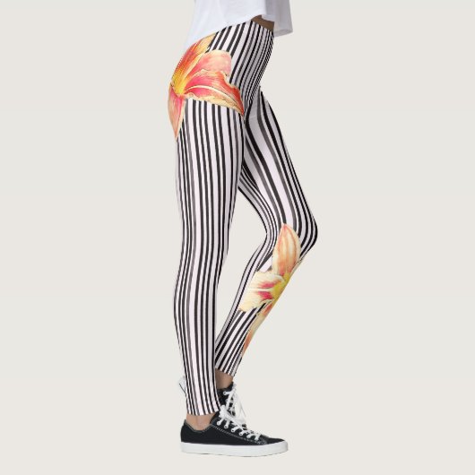 Zwart-wit - verticale strepen Oranje bloemen Yoga Leggings (Rechts)