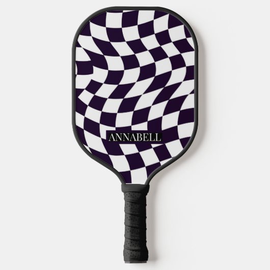 Zwart-wit vervormd dambord patroon op maat pickleball paddle (Voorkant)
