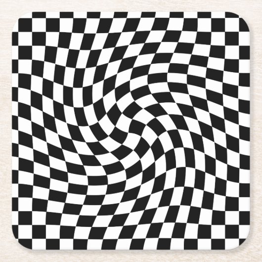 Zwart-wit verwrongen dambord kartonnen onderzetters (Voorkant)