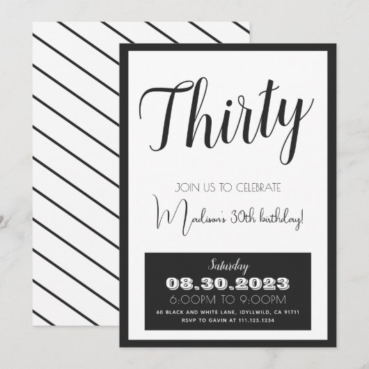 Zwart Wit Vet 30e Verjaardag Uitnodiging Alle Leef (Voorkant / Achterkant)