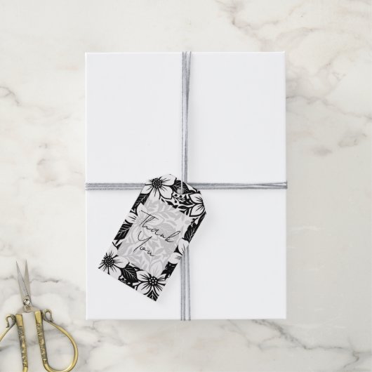 Zwart & Wit Vetgedrukte Bloemen Bloom Cadeaulabel (Met Touw)