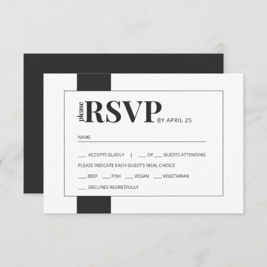 Zwart wit, vette, minimale bruiloft RSVP-maaltijd RSVP Kaartje (Voorkant / Achterkant)