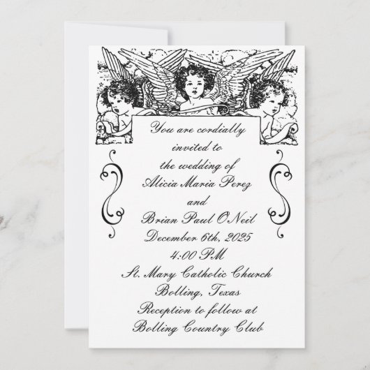 Zwart-wit Victoriaans Cherubs bruiloft Kaart (Voorkant)