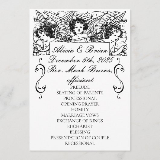 Zwart-wit Victoriaans Cherubs bruiloft Programmakaart (Voorkant)