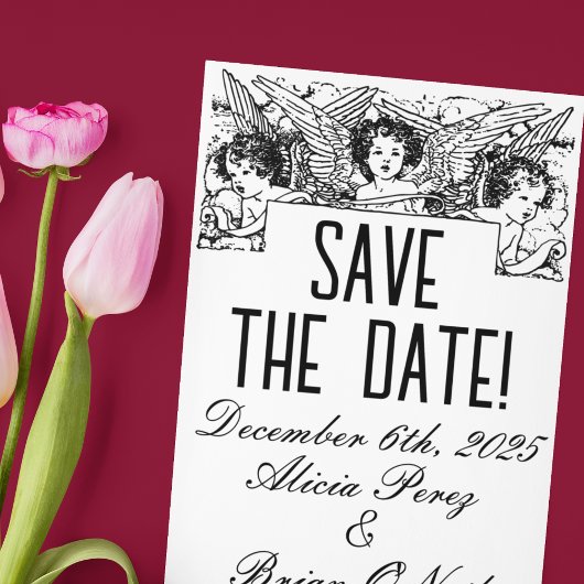 Zwart-wit Victoriaans Cherubs Save-the-Date Briefkaart
