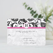 Zwart-wit Victoriaans Damask roze Accent RSVP Kaartje (Staand voorkant)