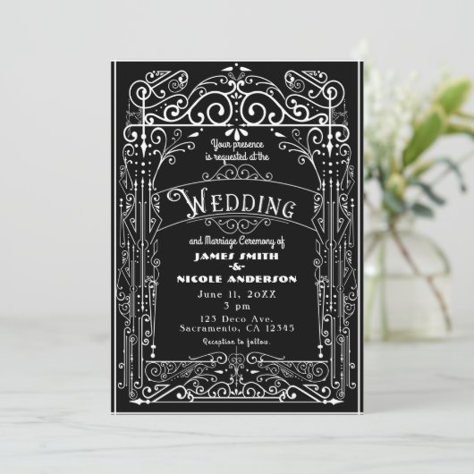 Zwart & Wit  Victoriaans Deco Wedding Kaart (Staand voorkant)