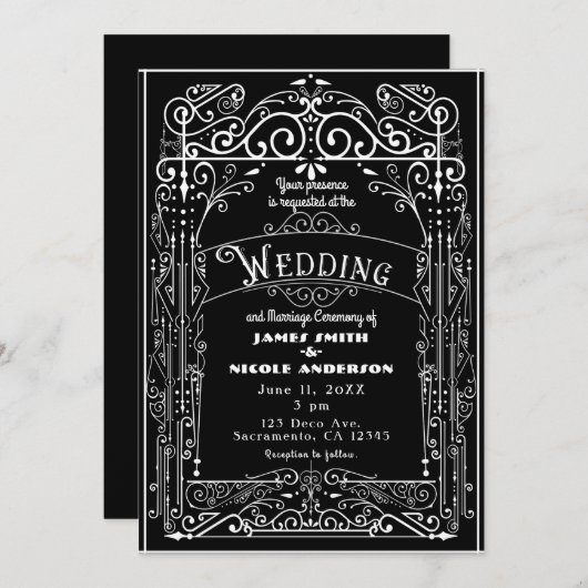 Zwart & Wit  Victoriaans Deco Wedding Kaart (Voorkant / Achterkant)