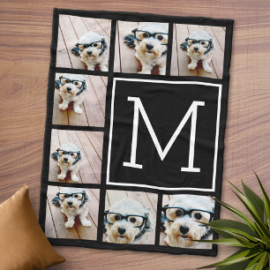 Zwart & Wit Vierkant 8 Foto Collage Monogram Fleece Deken