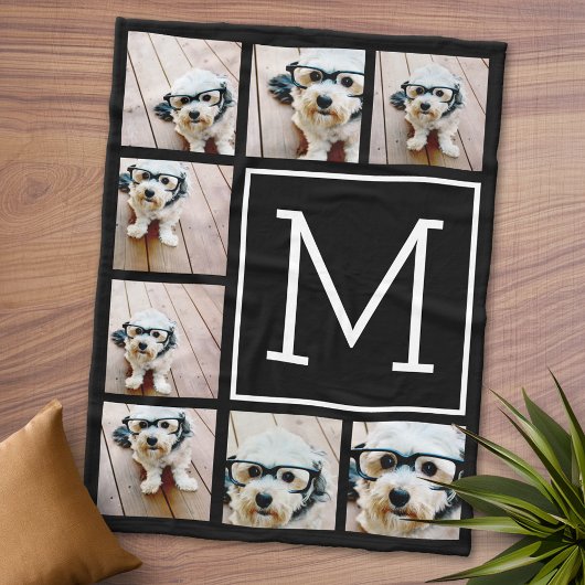 Zwart & Wit Vierkant 8 Foto Collage Monogram Fleece Deken