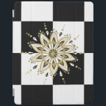 Zwart-wit vierkant & cirkel Mandala 2c iPad Cover<br><div class="desc">Elegant moderne zwarte en witte vierkantjes achtergrond met gouden zwarte en witte cirkel mandala ontwerp.</div>