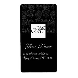 ZWART-WIT VIERKANT DAMASK MONOGRAM ETIKET