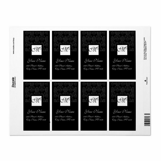 ZWART-WIT VIERKANT DAMASK MONOGRAM ETIKET (Full Sheet)