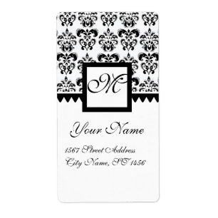 ZWART-WIT VIERKANT DAMASK MONOGRAM, ETIKET