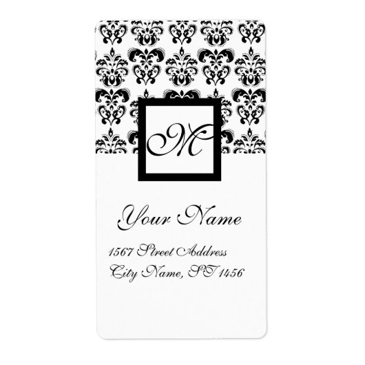 ZWART-WIT VIERKANT DAMASK MONOGRAM, ETIKET (Voorkant)