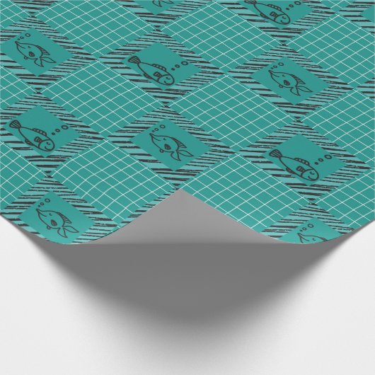 Zwart-wit vierkant in Blauwgroen met Cartoon vis Cadeaupapier (Hoek)