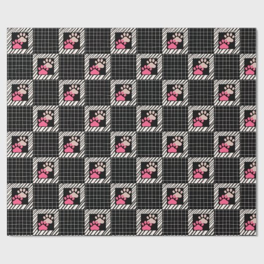 Zwart-wit vierkant met roze kat poten cadeaupapier (Vlak)