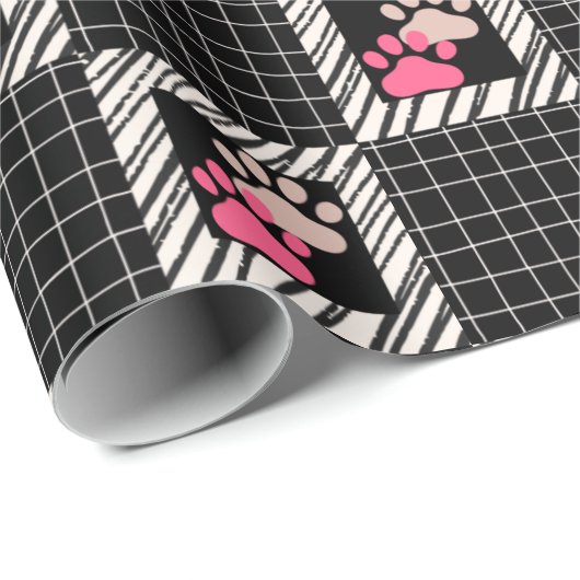 Zwart-wit vierkant met roze kat poten cadeaupapier (Rol Hoek)