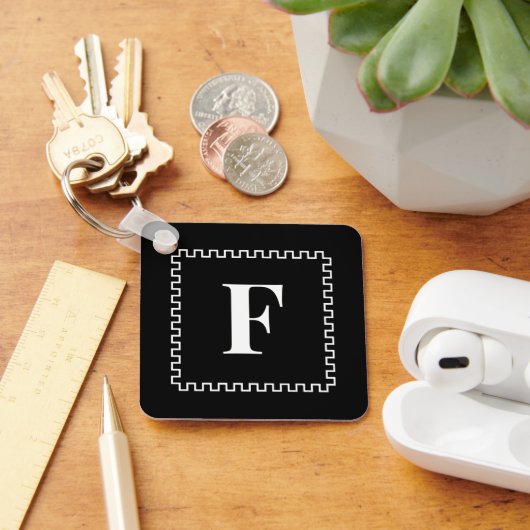 Zwart-wit Vierkante Grens Monogram Initialen Sleutelhanger (Bureau)