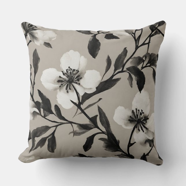 Zwart-wit vintage bloemmotief  kussen (Voorkant)