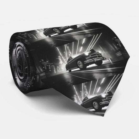 Zwart-wit Vintage Car Pattern Stropdas (Opgerold)