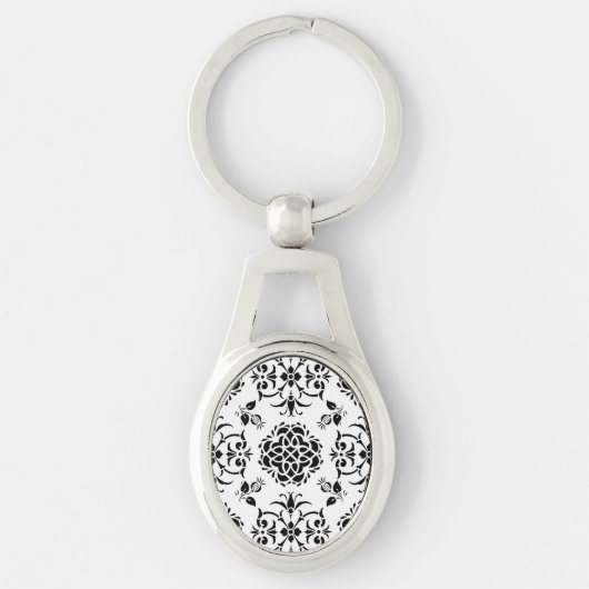 Zwart-wit vintage damaskpatroon sleutelhanger (Voorkant)