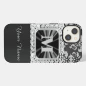 Zwart-wit vintage damast gepersonaliseerd iPhone hoesje (Achterkant horizontaal)