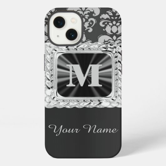 Zwart-wit vintage damast gepersonaliseerd iPhone hoesje (Achterkant)