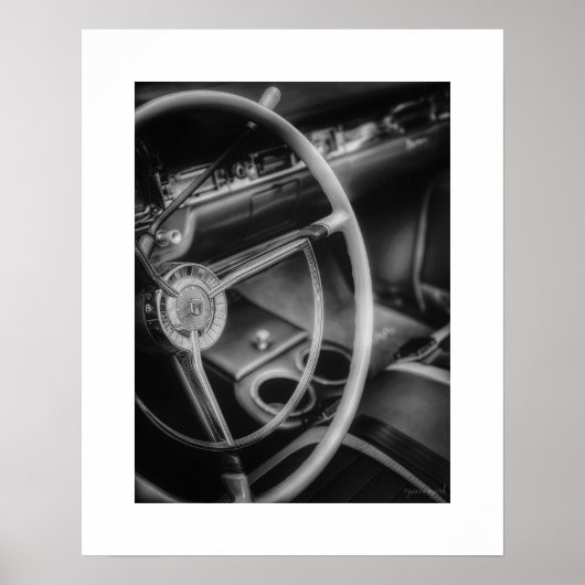 Zwart-wit vintage Ford Galaxie-posterprint Poster (Voorkant)