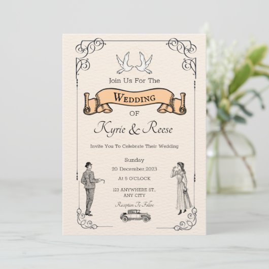 Zwart & wit vintage retro trouwuitnodiging kaart (Staand voorkant)