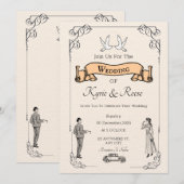 Zwart & wit vintage retro trouwuitnodiging kaart (Voorkant / Achterkant)