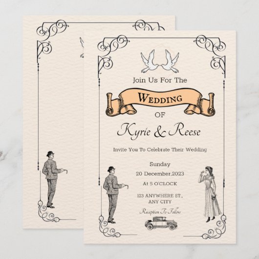 Zwart & wit vintage retro trouwuitnodiging kaart (Voorkant / Achterkant)