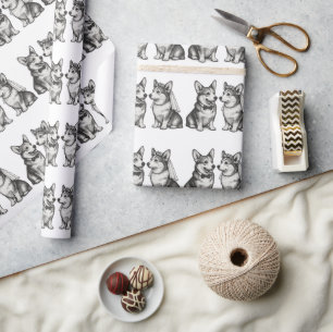 Zwart-wit Vintage Whimsical Corgi Huwelijk Cadeaupapier