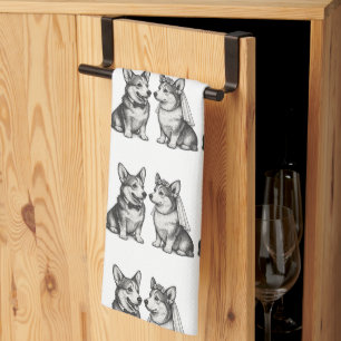 Zwart & Wit Vintage Whimsical Corgi Huwelijk  Theedoek