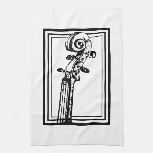 Zwart-wit viool scroll met zwarte contouren theedoek (Verticaal)