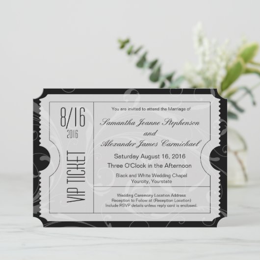 Zwart-wit VIP Wedding Ticket Uitnodigingen (Staand voorkant)