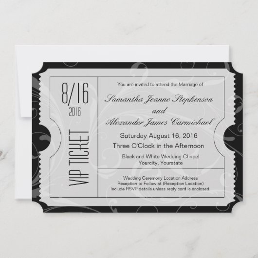 Zwart-wit VIP Wedding Ticket Uitnodigingen (Voorkant)