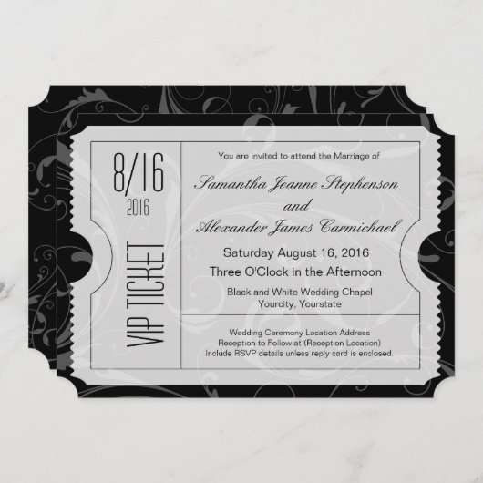 Zwart-wit VIP Wedding Ticket Uitnodigingen (Voorkant / Achterkant)