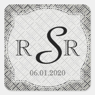 Zwart-wit visgraat bruiloft Monogram Vierkante Sticker