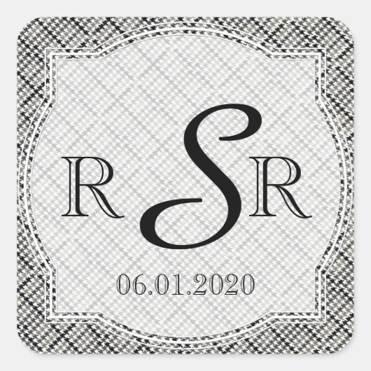 Zwart-wit visgraat bruiloft Monogram Vierkante Sticker (Voorkant)