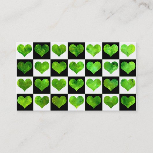 Zwart-wit Visitekaartje met groene harten (Voorkant)