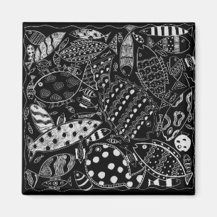 Zwart-Wit Vispatroon Moderne Kunst Magneet