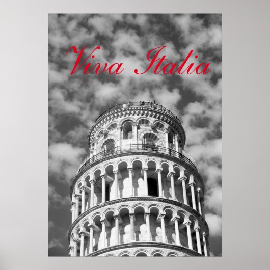 Zwart Wit Viva Italia Leaning Tower of Pisa Poster (Voorkant)