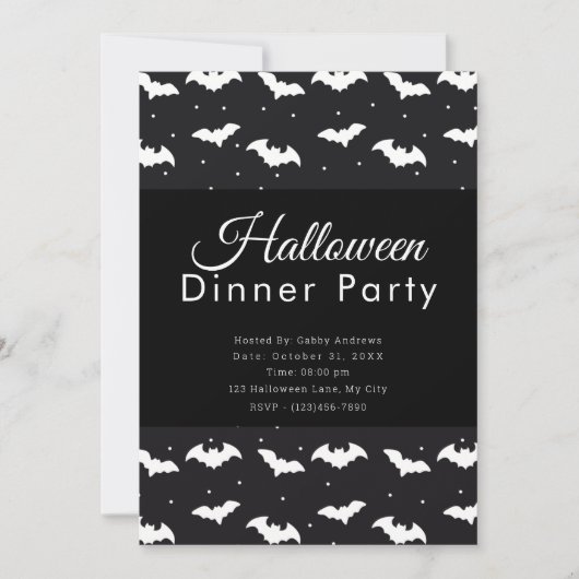 Zwart-wit vleermuizen Halloween Diner Party Kaart (Voorkant)