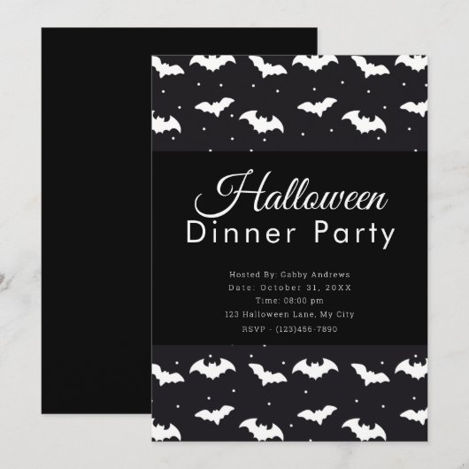Zwart-wit vleermuizen Halloween Diner Party Kaart (Voorkant / Achterkant)