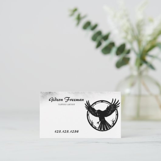  Zwart & Wit Vliegende Kraai Tattoo Artiest Visitekaartje (Staand voorkant)