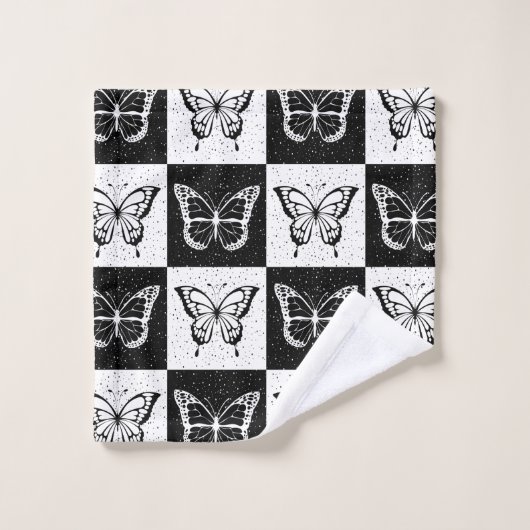 Zwart wit vlinder geruite blokprint bad handdoek (Wasdoekje)